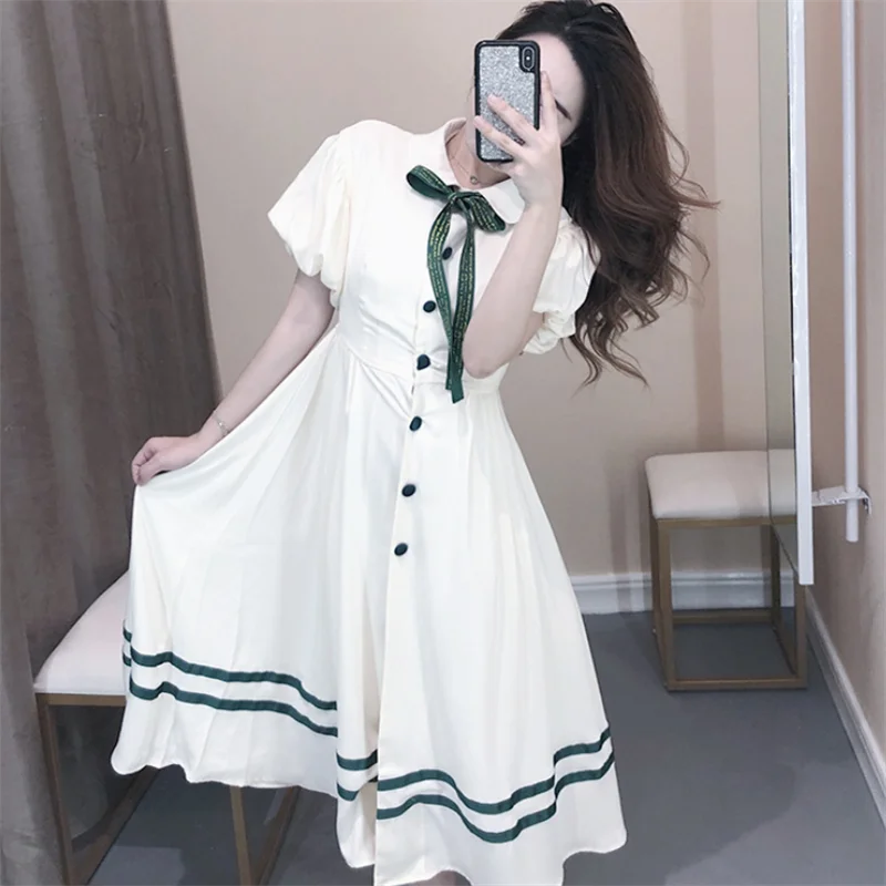 

Preppy long Dress women lapel a line White Bow loose Dress