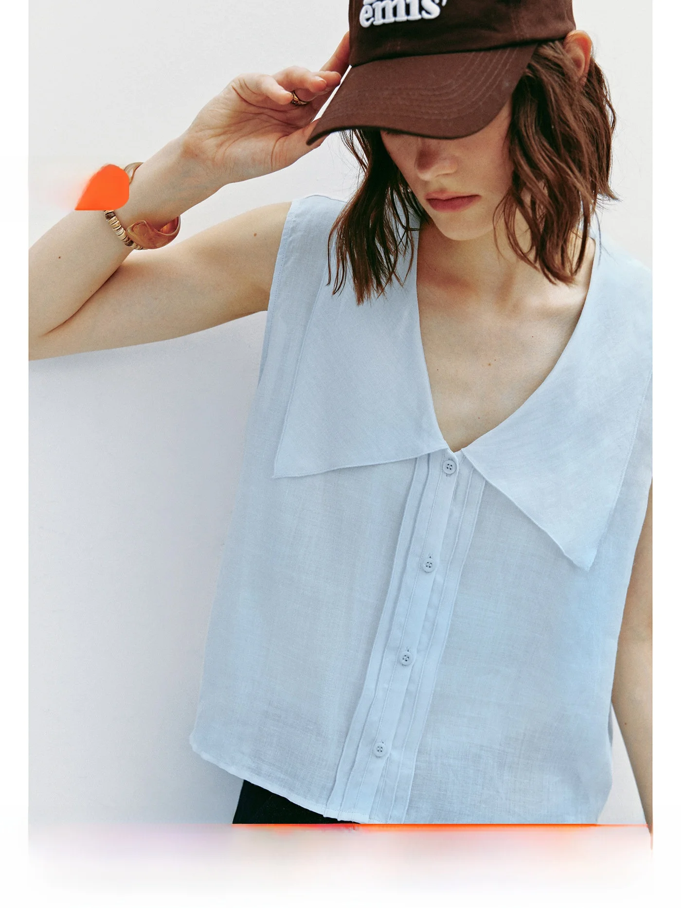 

White Water Shirt Vest Women's Sleeveless Patchwork Collar Blouse Top Layering Style Linen Material Summer Thin UV Protection