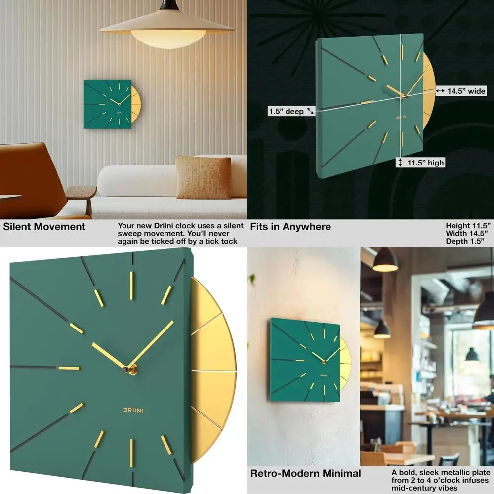 

Mid-Century Modern Square Green Wall Clock with Gold Trim - Unique, Cool, Battery-Powered Timepiece for MCM Style Decor