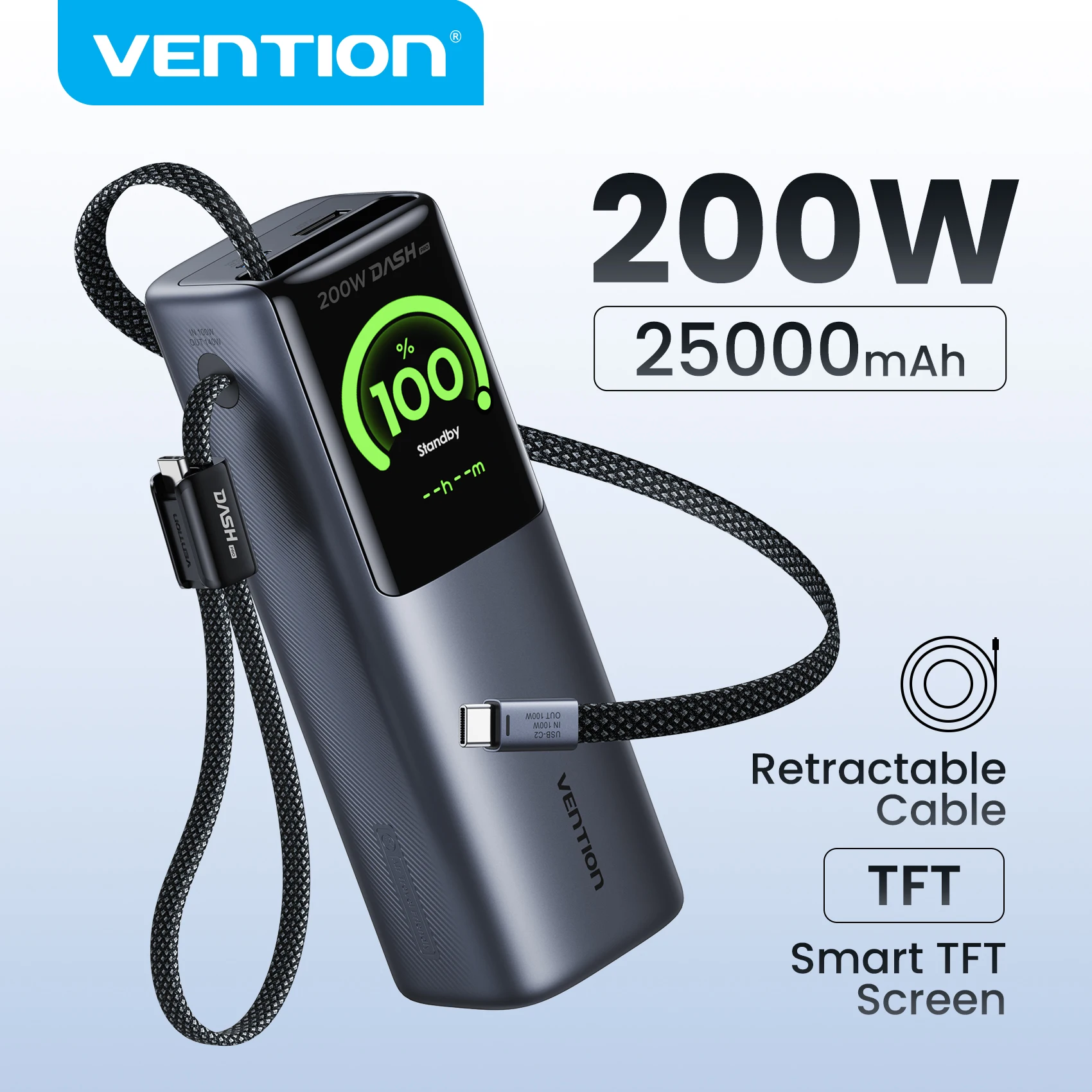 Vention 200W 25000mAh 보조베터리 접이식 케이블 노트북 Macbook Pro 고속 충전용 휴대용 PD 외부 배터리 보조베터리
