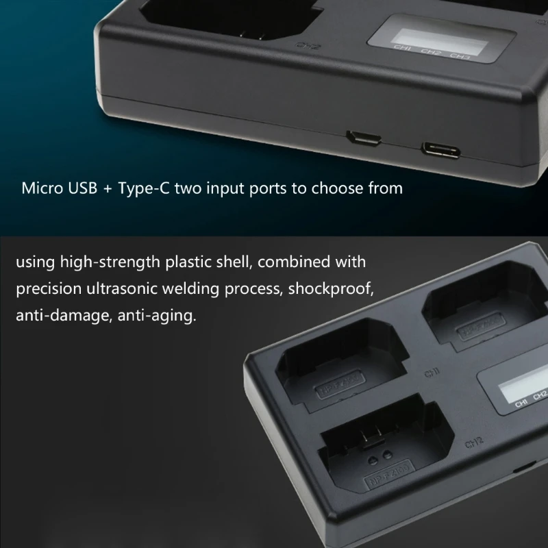 USB C Camera Battery Charging Dock with 3 Bays and LCD Screen, USB Input for Desk Use, Travel Carry, and Gear Bags Daily