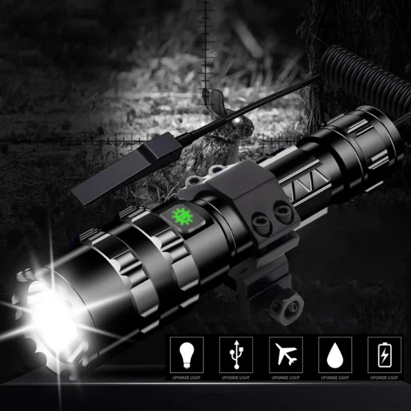 Tactical Hunting Flashlight USB Rechargeable Waterproof Torch Lamp Professional Shooting Night Scout Lights Set