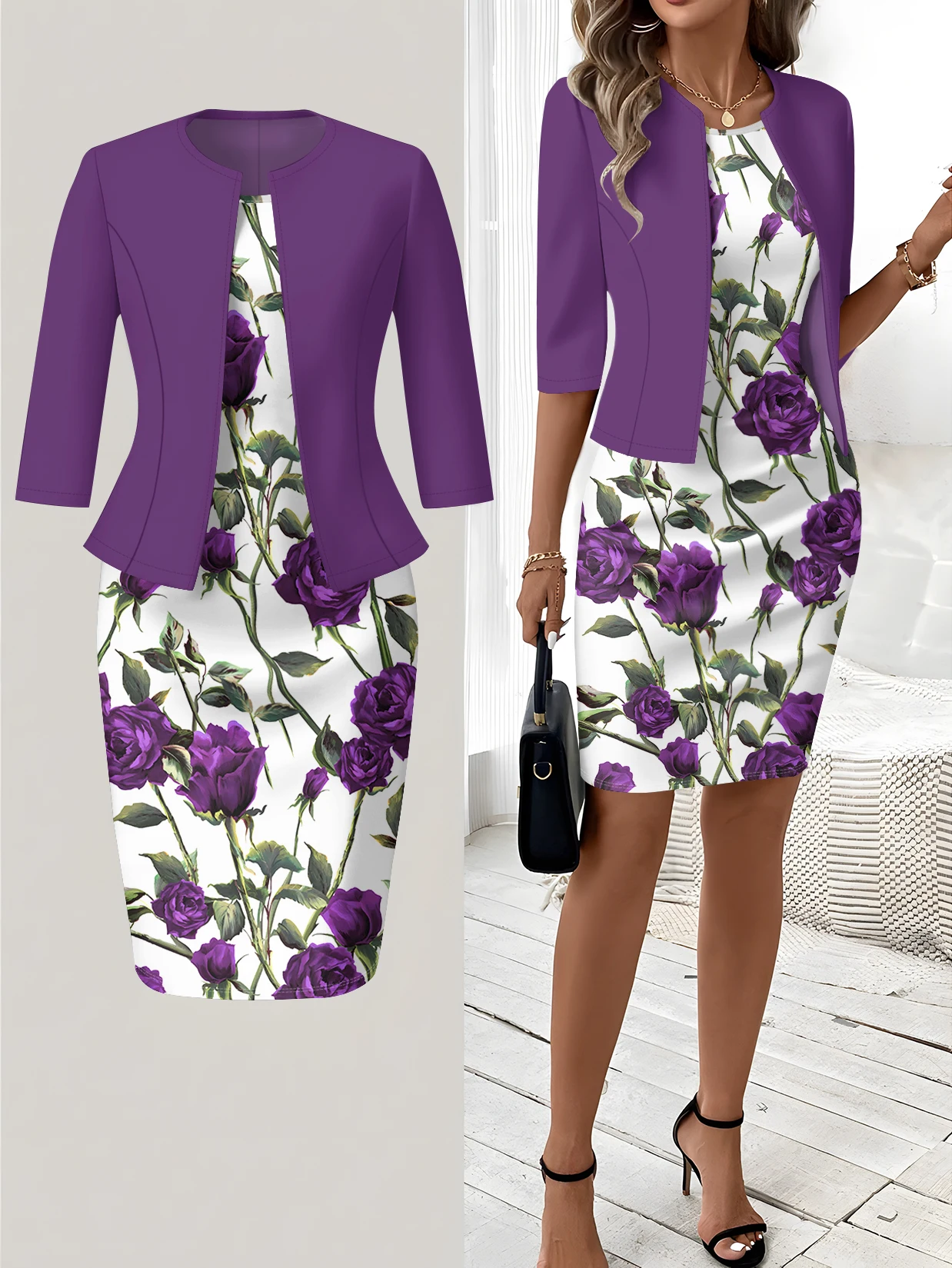 Autumn and Winter Edition Purple Roses On White Background casual style pattern round neck Dress suit