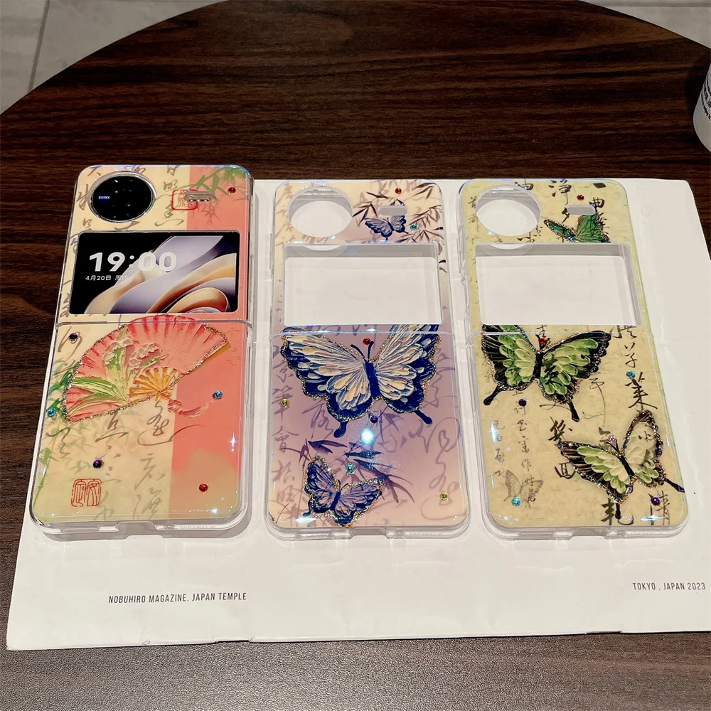 Chinese Style Jewelled Phone Case For VIVO X Flip Blu-ray Butterfly Shockproof PC Protection Hard Shell Back Cover