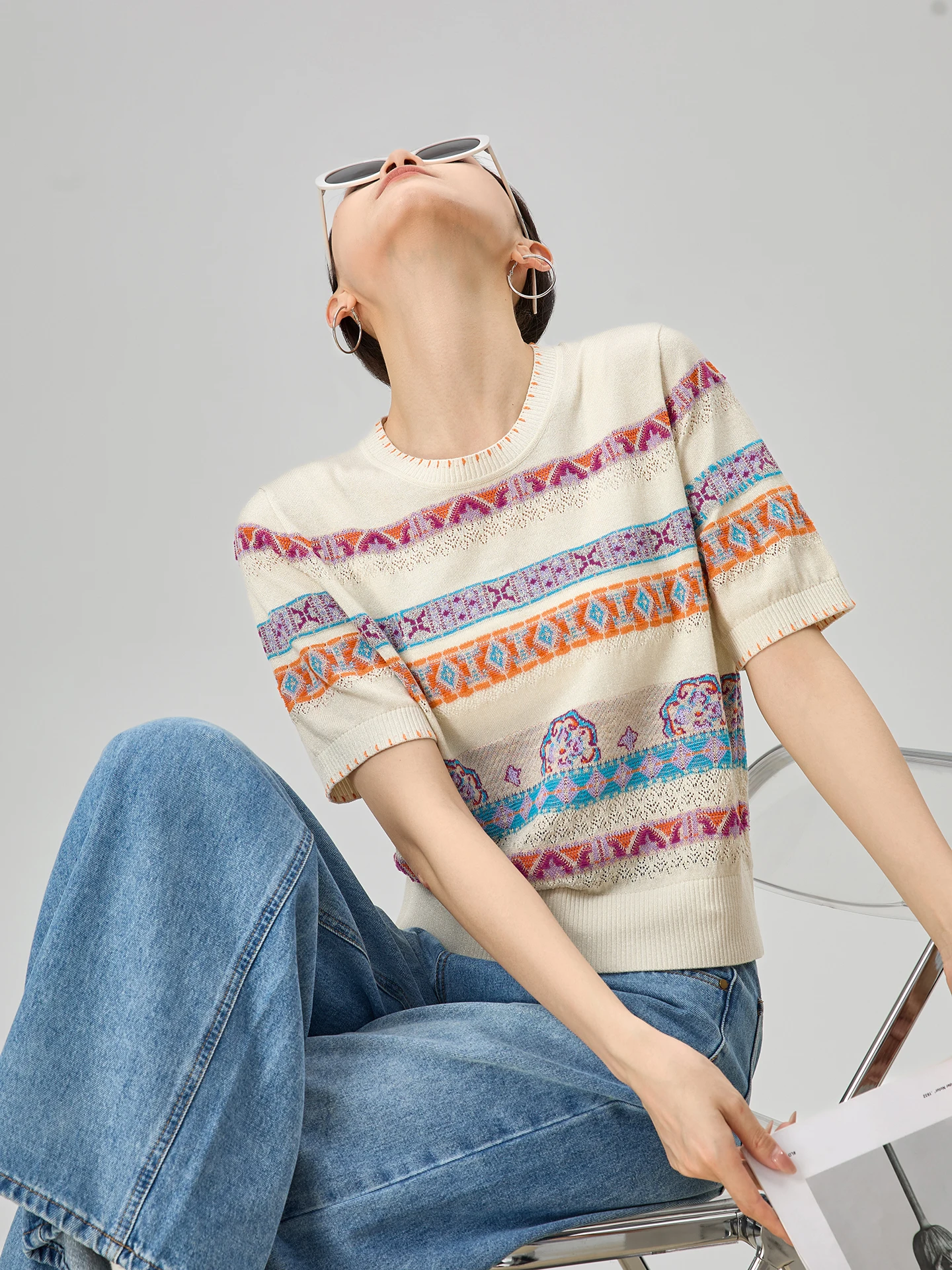 

Guuli Summer OOTD Unique Knitted ort Sve T-irt Women's Faion Casual Straight Cut Polyester Blend Geometric Pattern