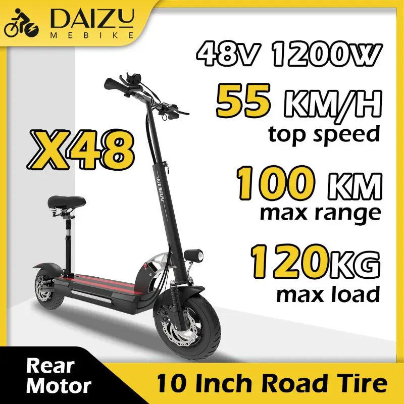 48V 1200W Rear Motor Electric Scooter 55KM/H Maximum Speed Electric Scooter 10 Inch Pneumatic Tire with LCD Display for Adults