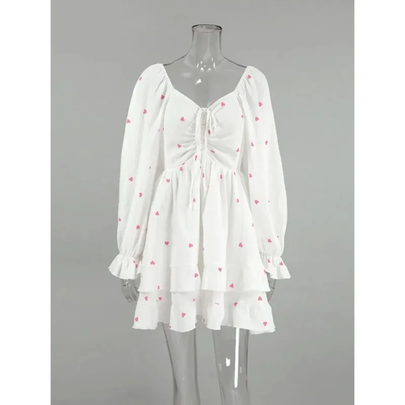 

White crêpe cotton-linen square-neck puff sleeve dress with heart print and high waist