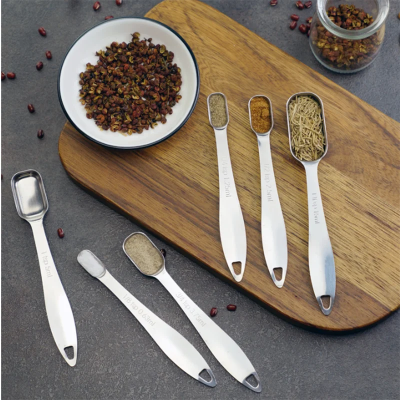 Narrow Square Measuring Spoons Stainless Steel Kitchen Measure Teaspoon Tablespoon with Ring Connector, Set of 7
