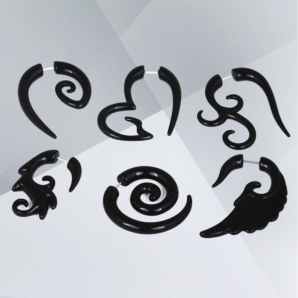 

6Pcs Black Acrylic Spiral Tribal-Style Fake Plug Earrings No Stretching Durable Wear Gift for Men Women Acrylic Fake Plug
