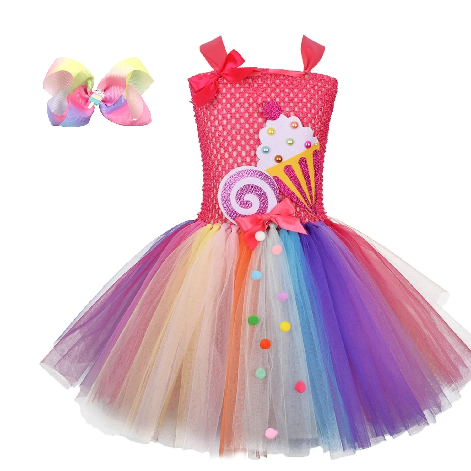 Costume de crème glacée arc-en-ciel pour enfants, robe de princesse pour filles, robes de cosplay d'Halloween, tutu pour enfants, tenue d'anniversaire de dessin animé pour tout-petits