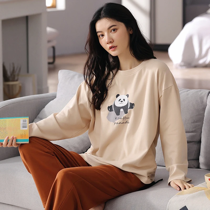 Autumn Winter 100%Cotton Women Pajamas Set Cute Cartoon Female Sleepwear Homewear Long Sleeve Round Neck Sweet Femme Pyjamas