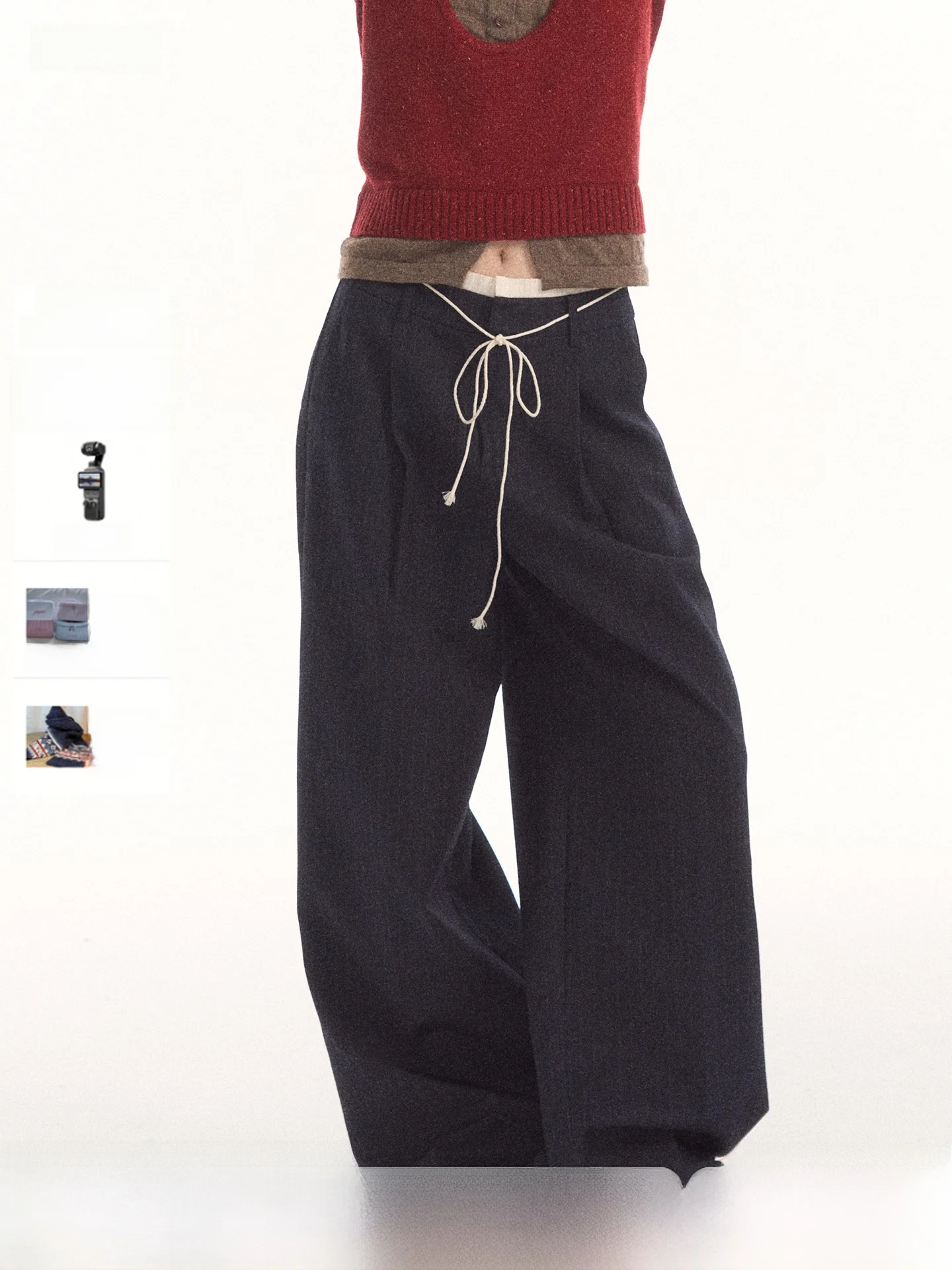 7Shiftin Original Design Color Block Drawstring Elastic Waist Autumn Winter Long Pants Simple Wide Leg Casual Trousers