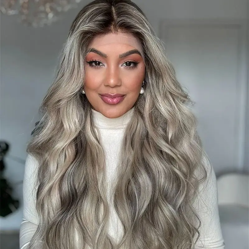 

30-дюймовый супер длинный волнистый парик Ombre Пепельно-серый блондин с бликами Синтетический парик фронта шнурка с темными корнями Свободная часть Швейцарский парик фронта шнурка