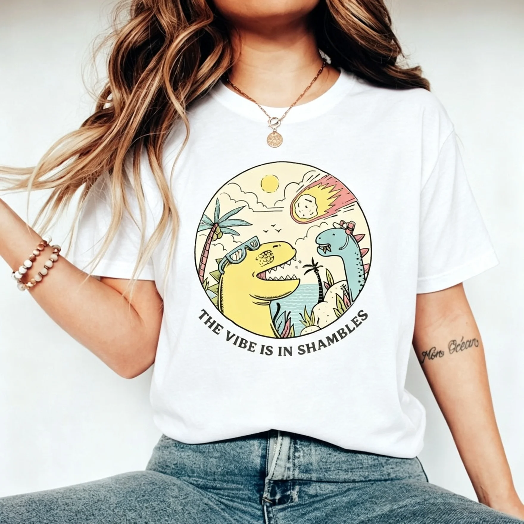 The Vibe Is In Shambles T Shirt Retro Dinosaur Meteor Graphic Tee Unisex Funny Prehistoric Casual Short Sleeve Streetwear Top