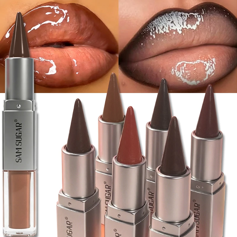 2 in 1 Lip Liner & Lip Gloss Dual Ended Hydrating Non Stick Lipstick Matte Velvet Outline Crayon with Shiny Plumping Lip Glaze