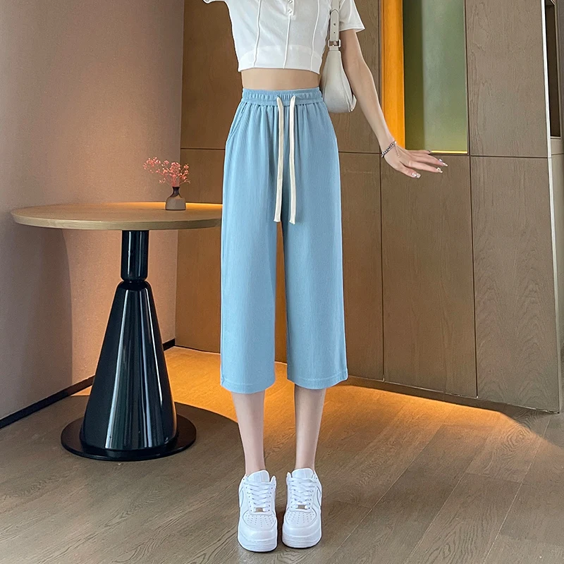 Women Capris Traf Straight Loose Wide Leg Short Pants High Waisted Casual Sweatpants Solid Trousers Y2K Summer Korean Fashion