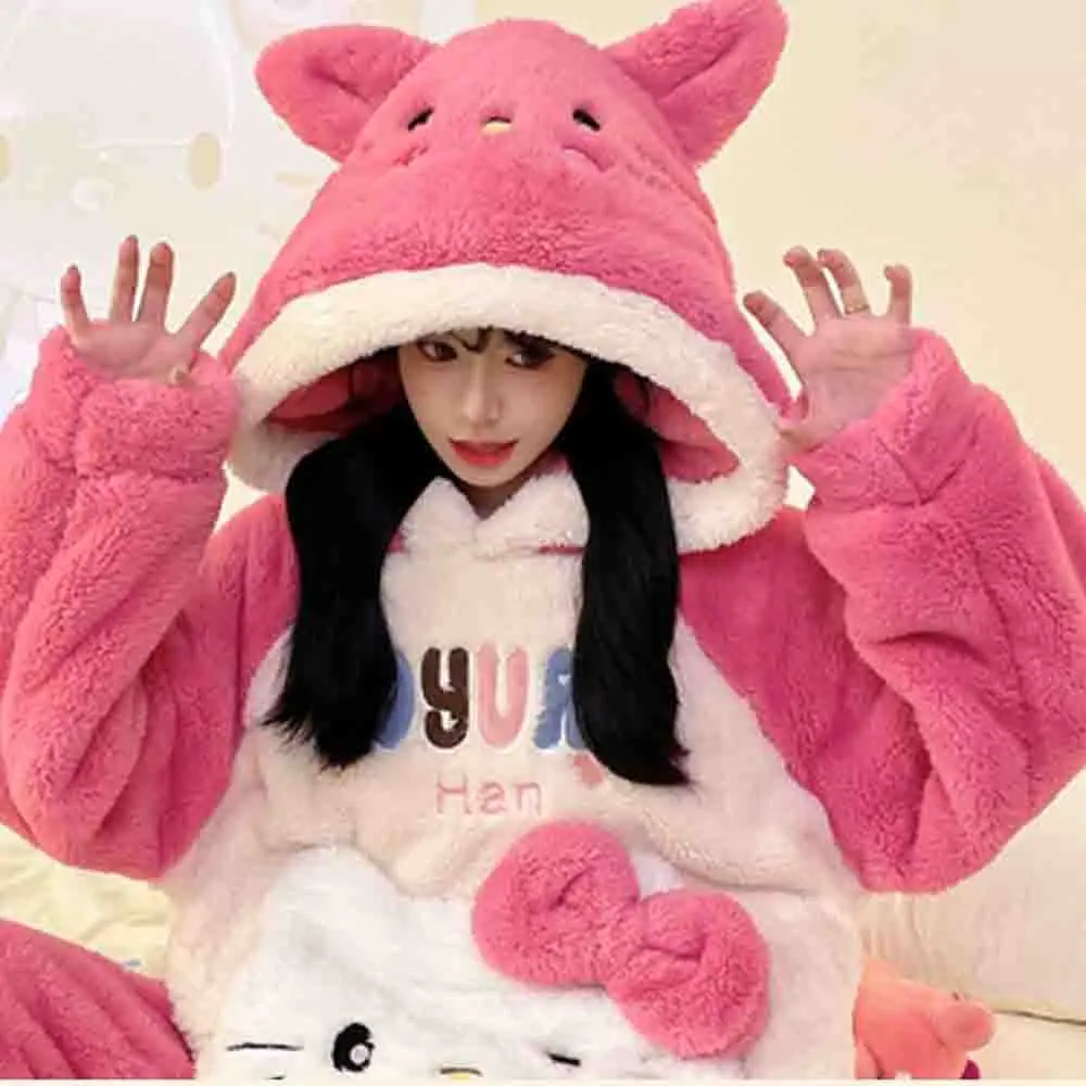 Hello Kitties Kuromi Women's Cartoon Long Sleeve Warm Coral Velvet Pajama Girl Cute and Comfortable Warm Home Clothing Set Gift - view 6