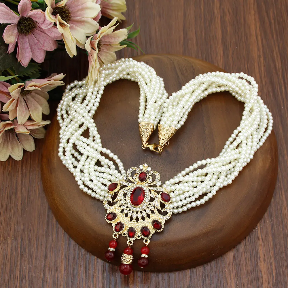 Neovisson Natural Stone Beads Necklace for Women Gold Color Morocco Caftan Jewelry Multilayer Chain Necklace Arab Pearl Choker