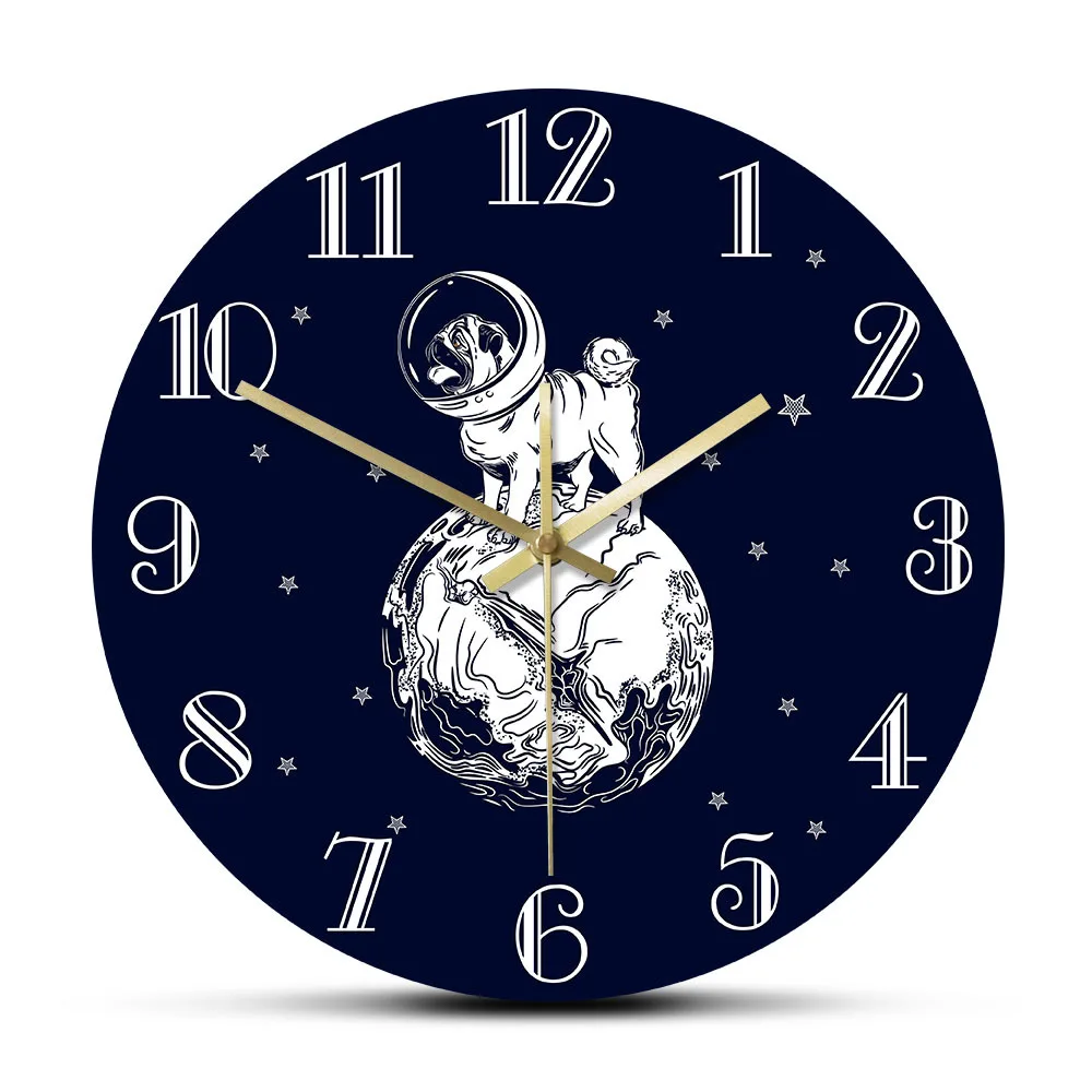 Astronaut Dog Wall Clock - Cute Space Pug Planet Stars Design Silent Quartz Watch for Living Room Kids Bedroom Decor Pet Lovers