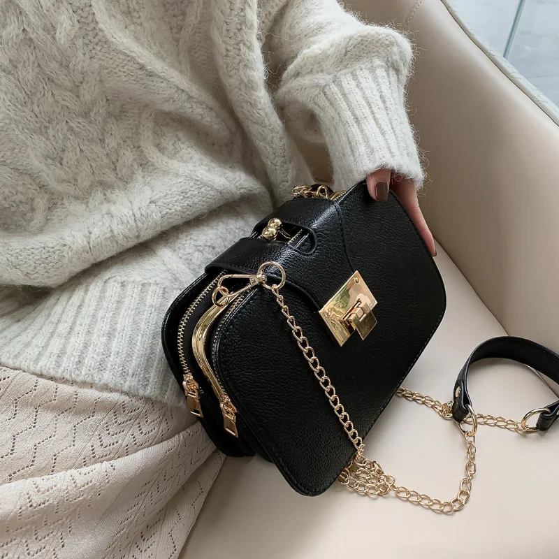 

Women's Chain Shoulder Slung Small Square Bag Flip Mat Matte Jelly Package Three Small Square Bag Metal Buckle Zipper Messenger