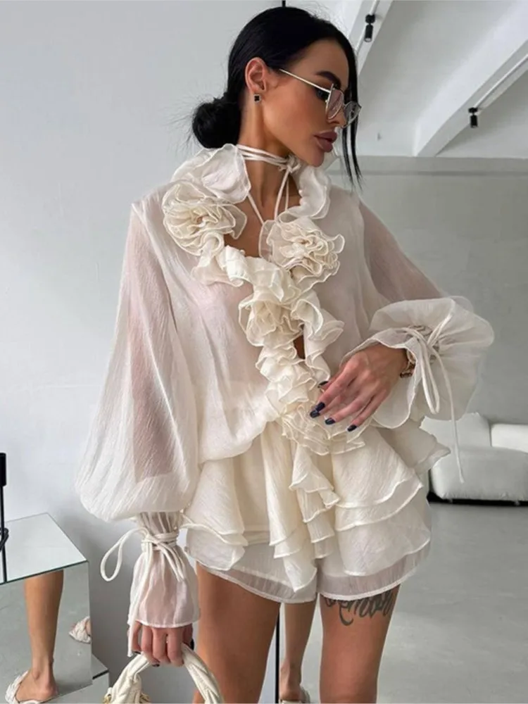 

Elegant Chic Skirt Set Outfits Woman 2025 New Summer Fashion Three-dimensional Flower Lace Up Lantern Sleeve Shirt+Pleated Skirt