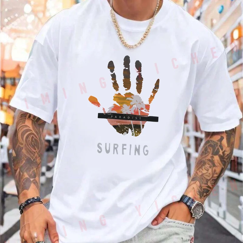 Retro Surfing Style Palm Tree Hand Beach Paradise Letter Motorcycle T-Shirt Men Hip Hop Unisex Casual Fashion Short Sleeve Tops