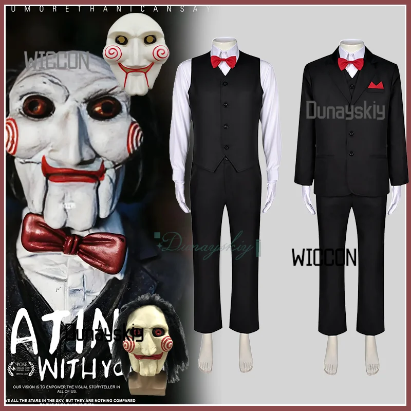 

Black Suit Red Bow Tie Terror Mask Cosplay Costume Adult Men Outfit Halloween Party Carnival Horror Film Costumes