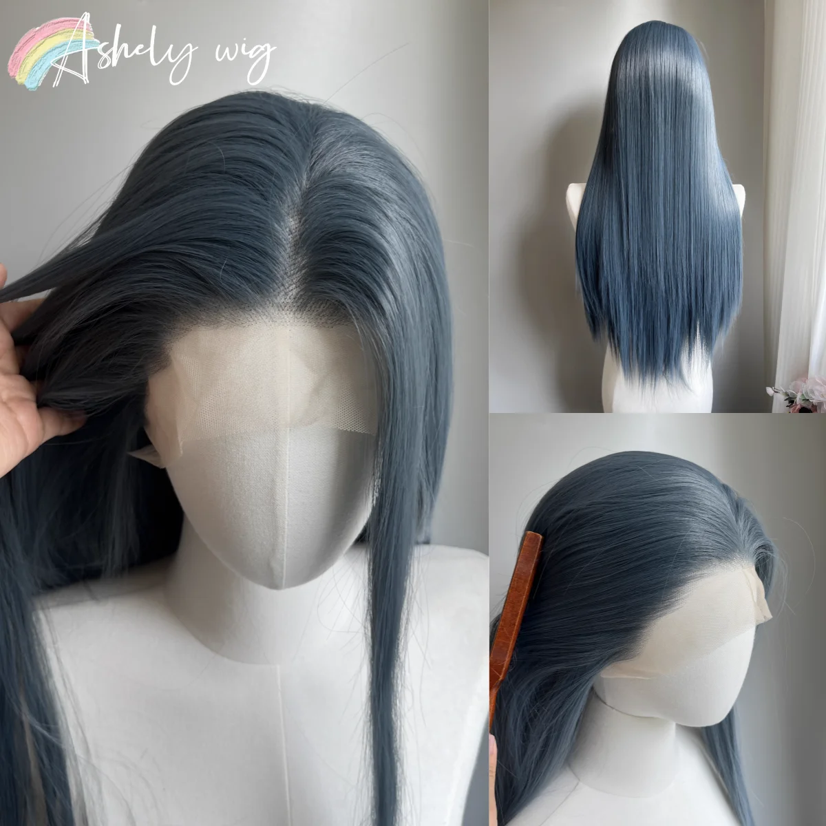 

Ash Blue Lace Front Wig 13*4 Lace Frontal 26 Inch Long Straight Cosplay Wigs High Quality Natural Hairline Synthetic Lace Wigs