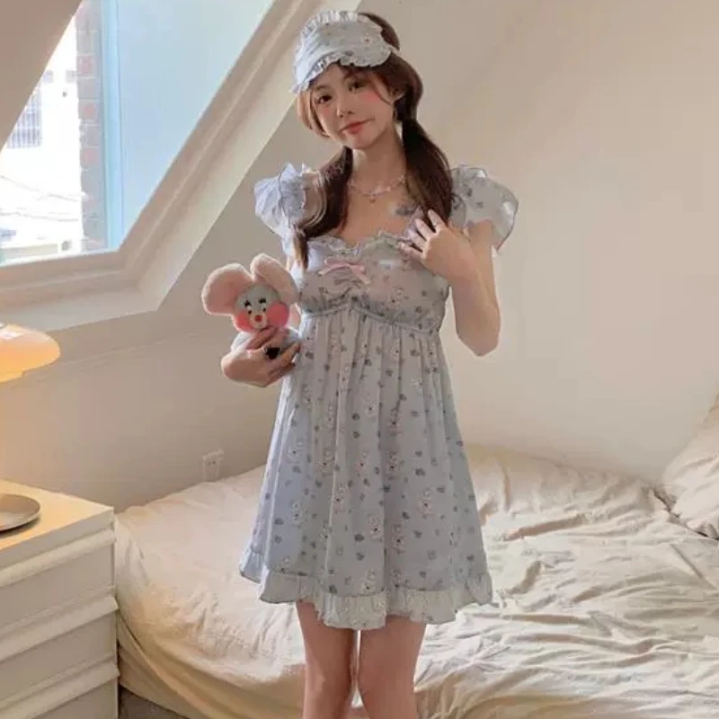 Japanses Sweet Princess Nightdress Women Cute Bow Bunny Print Sleepwear Homewear Clothes Vintage Nightgown Female Kawaii Pyjamas