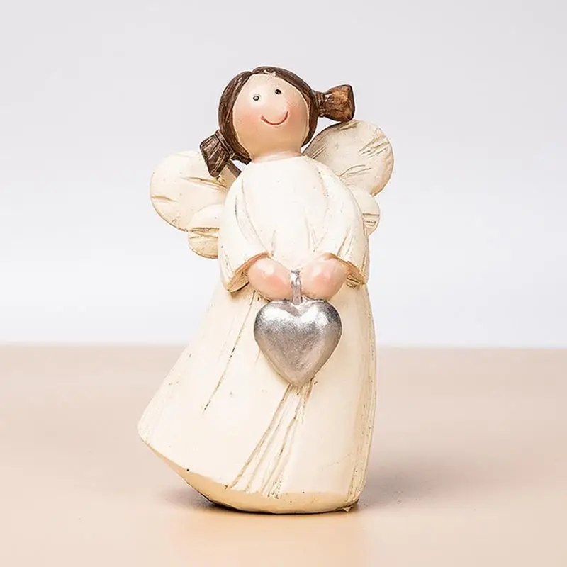 Resin Angels Figurines Angel Figurine Mini Child Angel Statue Home Decor Resin Hand Painted Angel Holding Heart Sculpted Statue