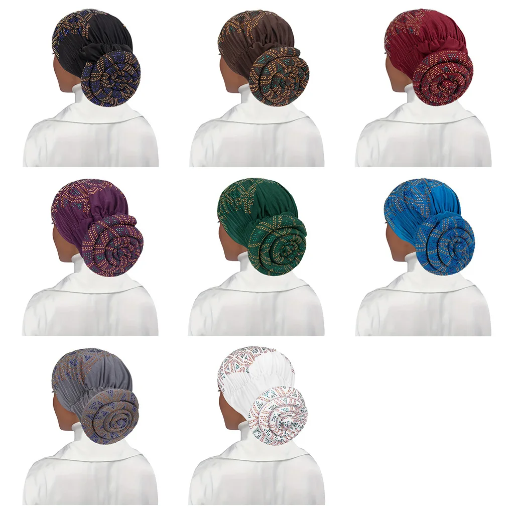 1PC New Pan Flower Hat cappello etnico Stretch moda musulmana turbante strass Donut Pullover Hijab Underscarf Caps Khimar