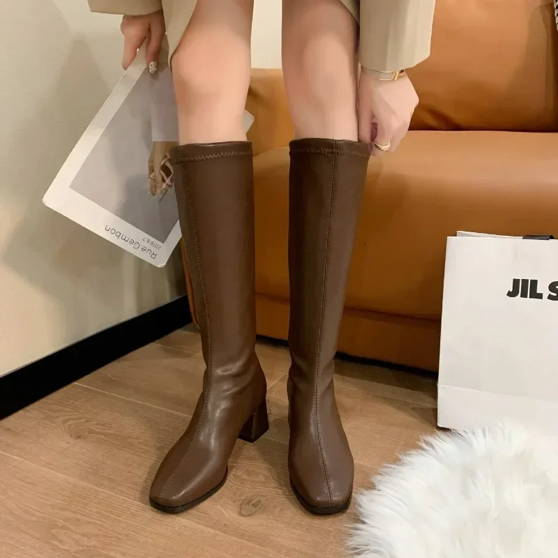 2024 New Women's Shoes Knee-High Women's Boots Classics Modern Boots Women Sewing Square Toe Back Zip Chunky Heels Shoes Ladies