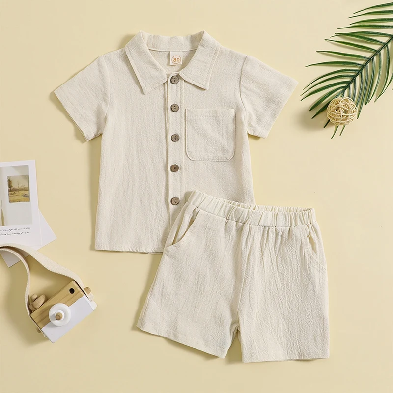 Newborn Baby Boys Summer Top Pant Clothes Sets Solid Cotton Linen Pocket Short Sleeve T-Shirts+Button Shorts Beach Casual Outfit