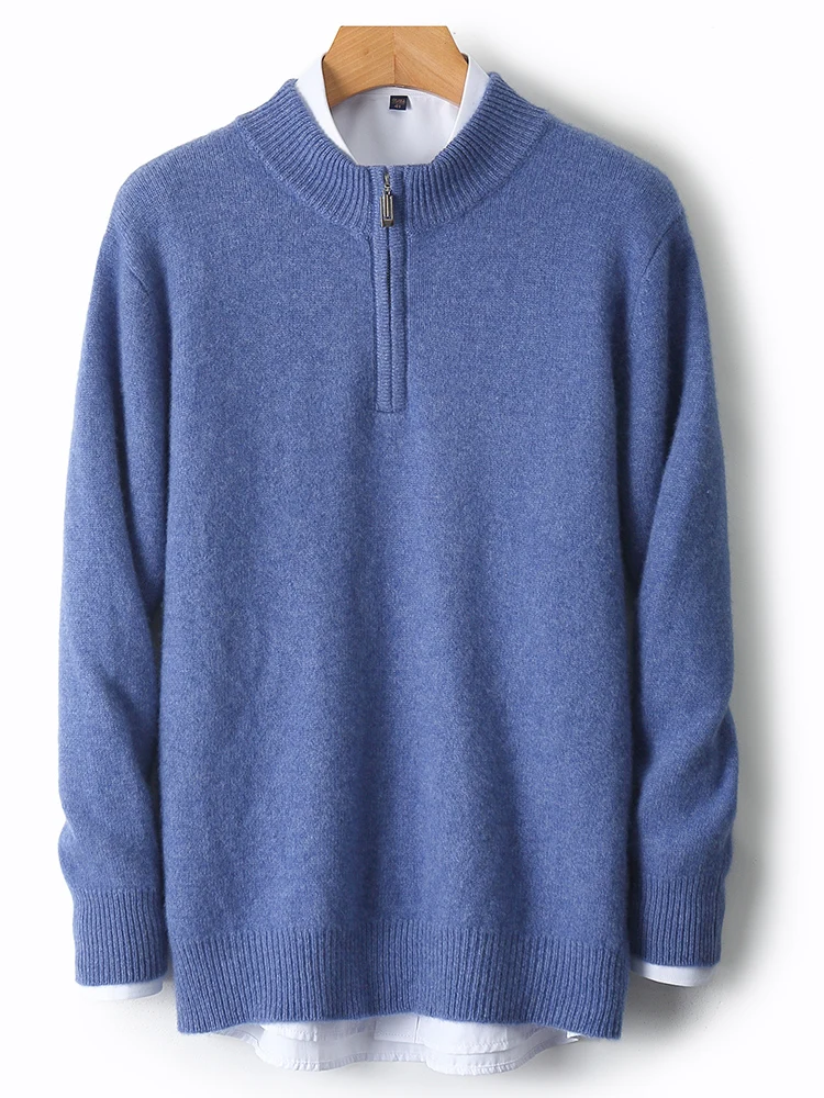 Autumn Winter Men's Mock Neck Pullover 100% Merino Wool Knitted Sweater Turn-Down Collared Zipper Casual Loose Warm Clothes