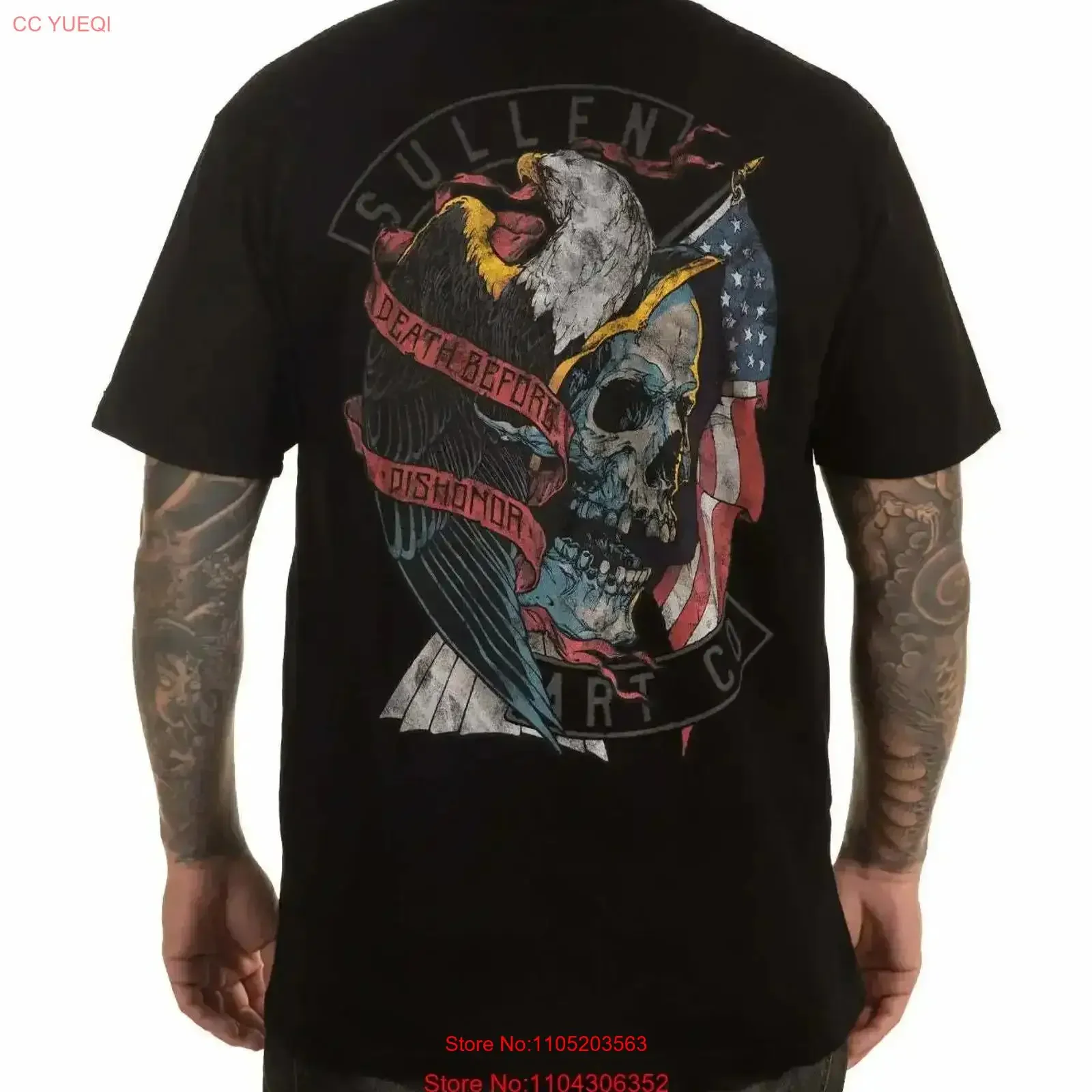 Sullen Dishonor USA Flag American Pride Eagle Tattoo Skull Inked T Shirt SCM4527 vintage Washed Casual Breathable Versatile
