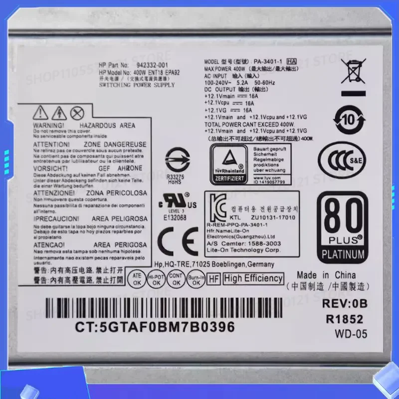 Original 942332-001 for HP 86 89 280 480 400 600 800 G3 G4 G5 400W Power Supply PA-3401-1HA PA-3401-1 PCG007 100 Percent