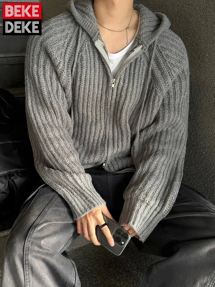 Herbst Herren Lässige Loose-Fit Kapuzen-Strickjacke Streetwear Warme Oberbekleidung Mantel Grau Vintage Herren Kapuzen-Strick-Cardigan Jacken