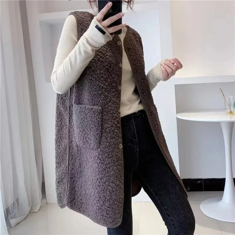 

Mid-length Faux Fleece Vest Women Wool Blend Coat Spring Sleeveless Jacket Casual Chalecos Korean Waistcoat Loose Teddy Casaco