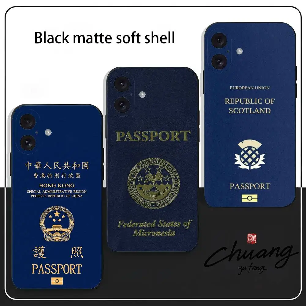 

Light Blue-background Passports Phone Case Stylish Black Matte TPU Case For 11-16. Anti-slip And Wear-resistant