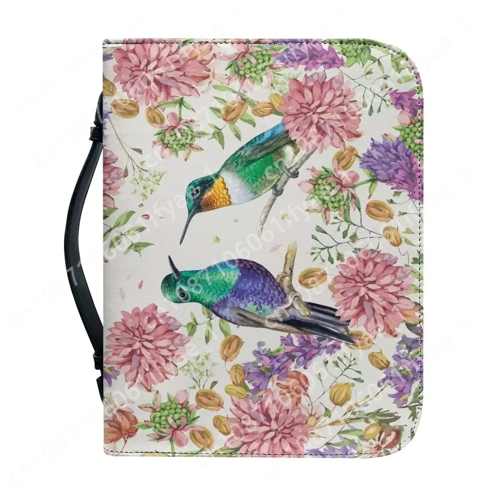 Trendy Floral Hummingbird Print Bible Storage Bags for Women Leather Bible Cover Case Zipper Handle Handbags Bible Carrying Case