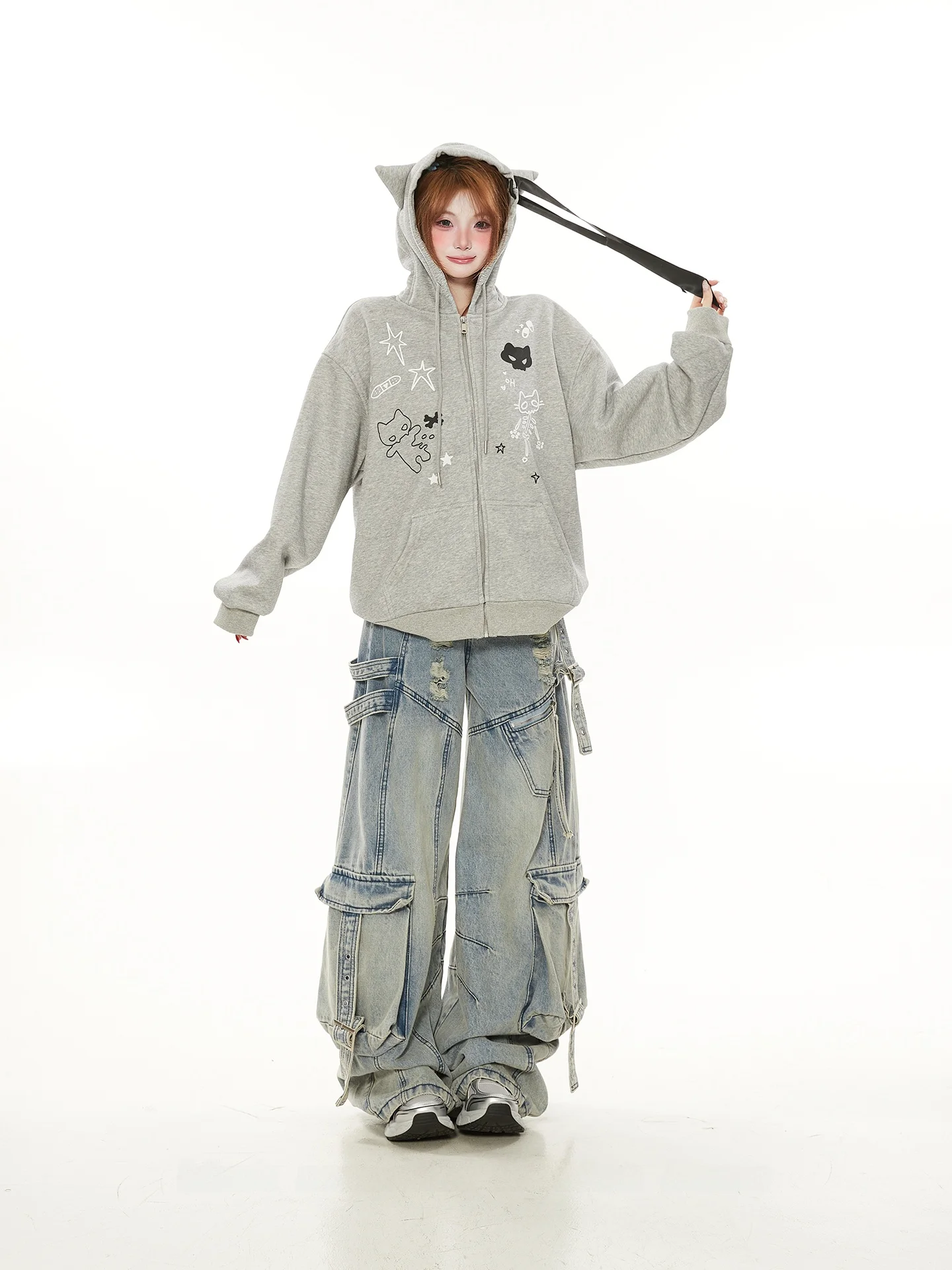 

Женская тонкая свободная толстовка-кардиган Street Sle с капюшоном и молнией, весенне-осенняя, модный повседневный топ, верхняя одежда