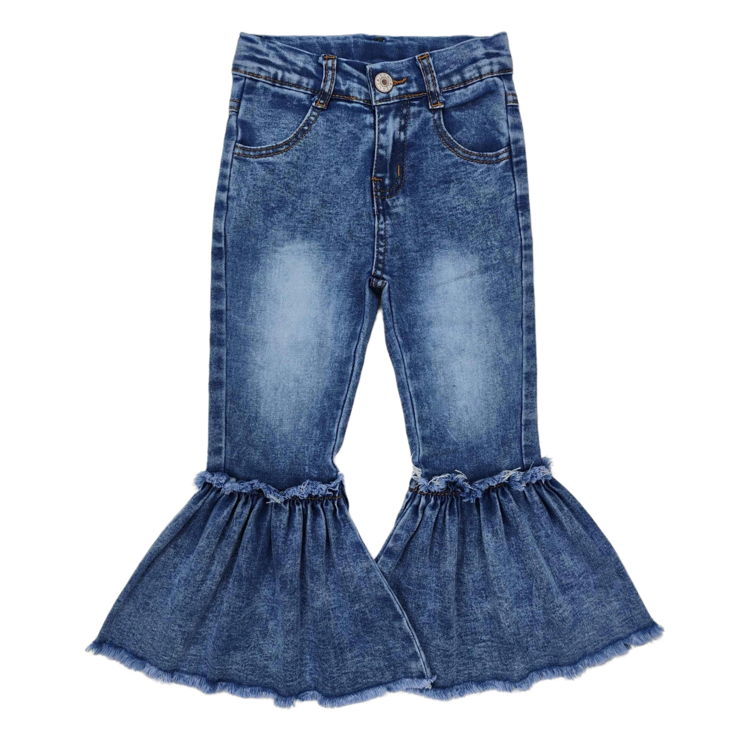 어린이 데님 청바지, 포켓 블루 워시, 지퍼 러플 벨 바텀, 아기 소녀 플레어 바지, 도매 의류