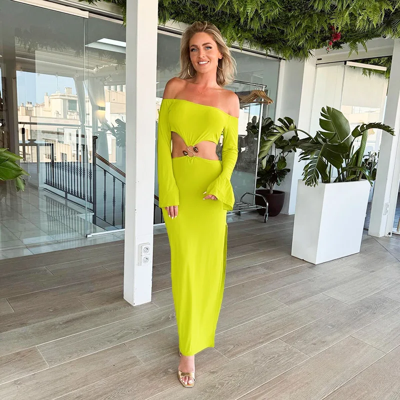 Robe d'été Sexy à une épaule, manches longues, taille découpée, fente, couleur Pure, vêtements pour femmes d'Europe et d'amérique, nouvelle collection