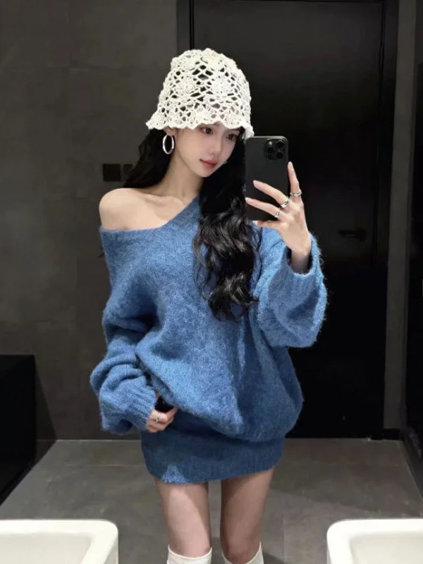 

Korean Sle Lazy Chic oulder Slant Sweater And Skirt Two-Piece Set Comfortable Faion Autumn Collection 2025