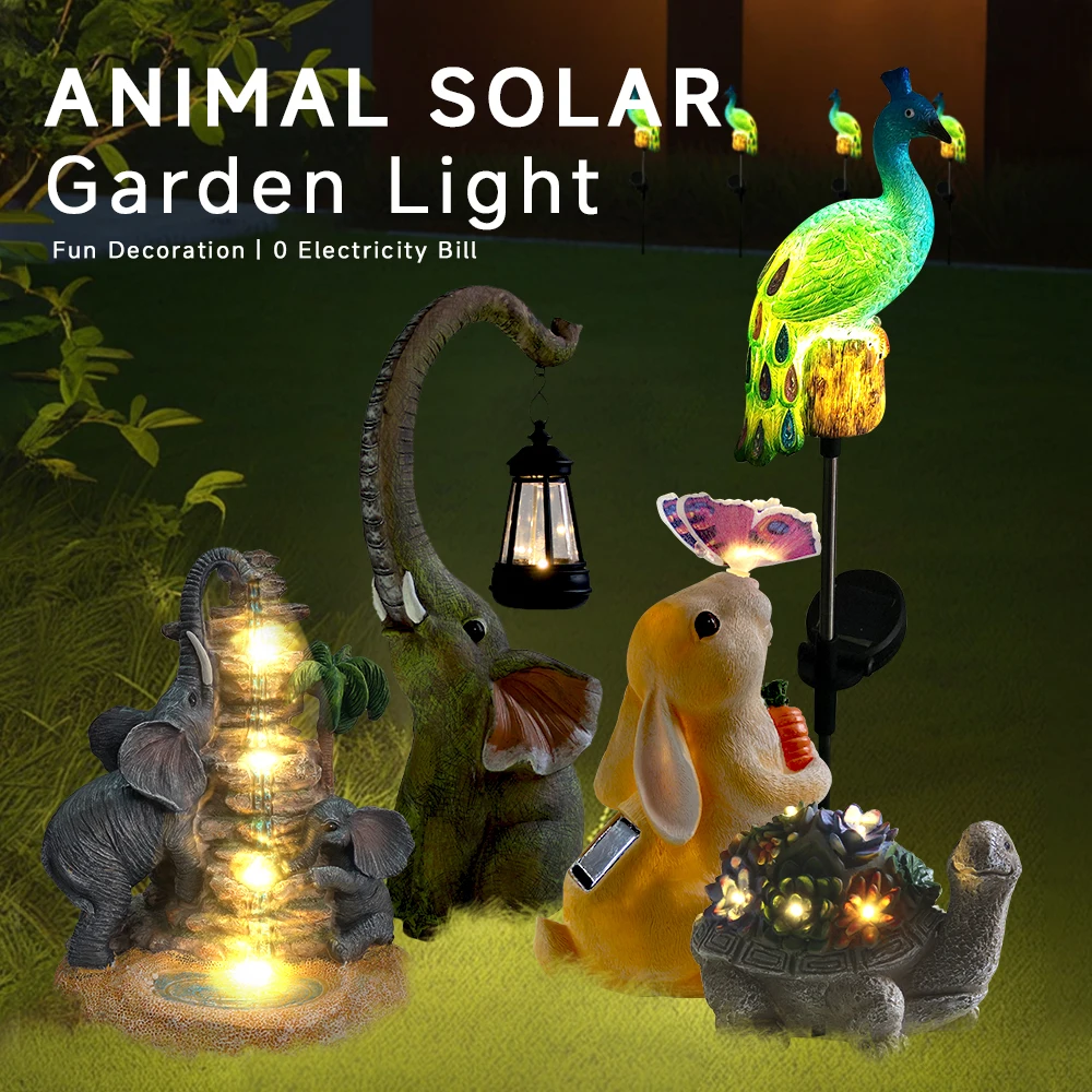 Animal Solar Garden Light Outdoor Yard Decoration Waterproof Statue Light Peacock Rabbit Elephant Turtle Banquet Party Decor