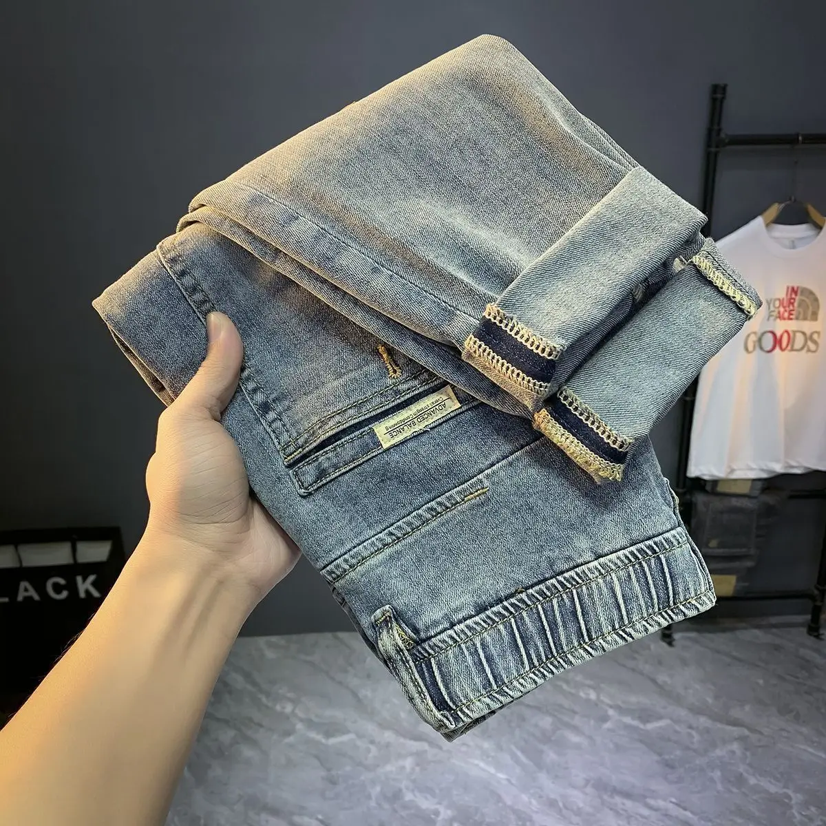 Luxury Korean Style Men's Jeans with Elastic Waistband New Washed Denim Pants Trendy and Versatile Trousers Cowboy Harem Jeans