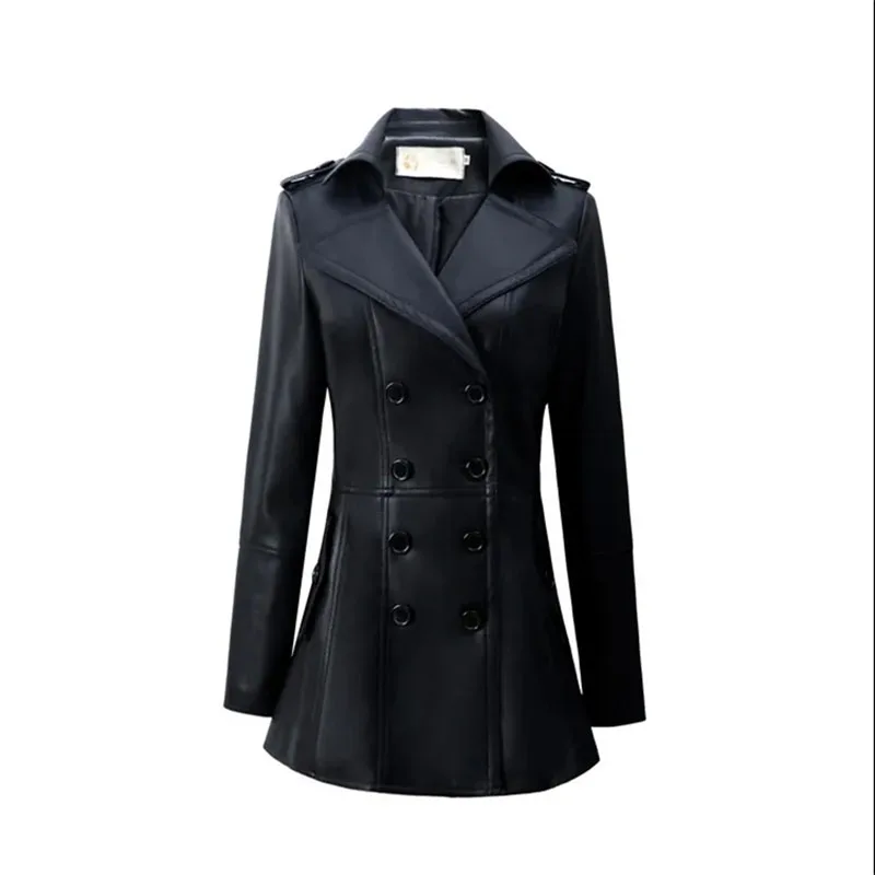 2022 Spring Autumn Chaquetas New Leather Coat Women\'s Mid-Long Leather Trench Coat Fashion Double Breasted Black Leather Jacket