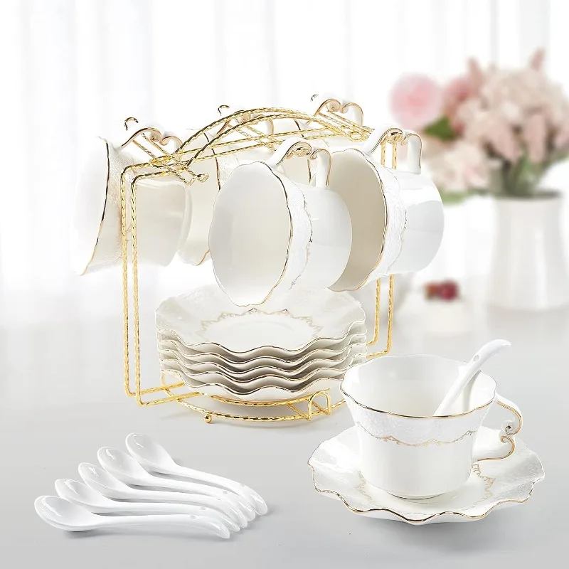 Tea Cups and Saucers with Golden Trim,Set of 6 (8.5 OZ), Luxury Relief Printing Coffee Cups with Metal Stand, British Royal