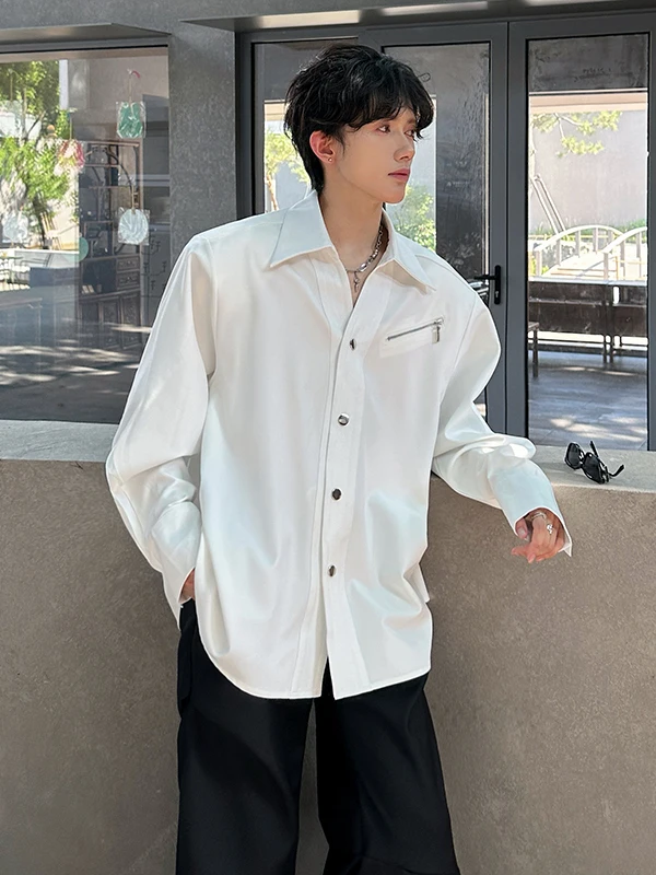 

TANGZ Studio Deconstructed Metal Button Design oulder Pad Men's Long Sve irt Retro Sle Loose Fit Polyester Fiber