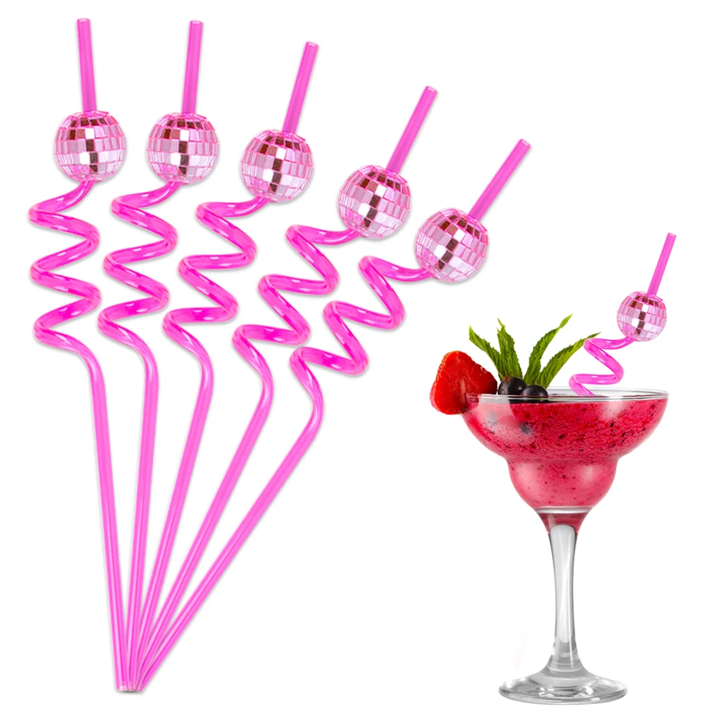 6/8pcs Pink Disco Ball Swirly Straws Set Cocktail Straws Disco Bachelorette Decorations Groovy 70s Disco Birthday Party Supplies